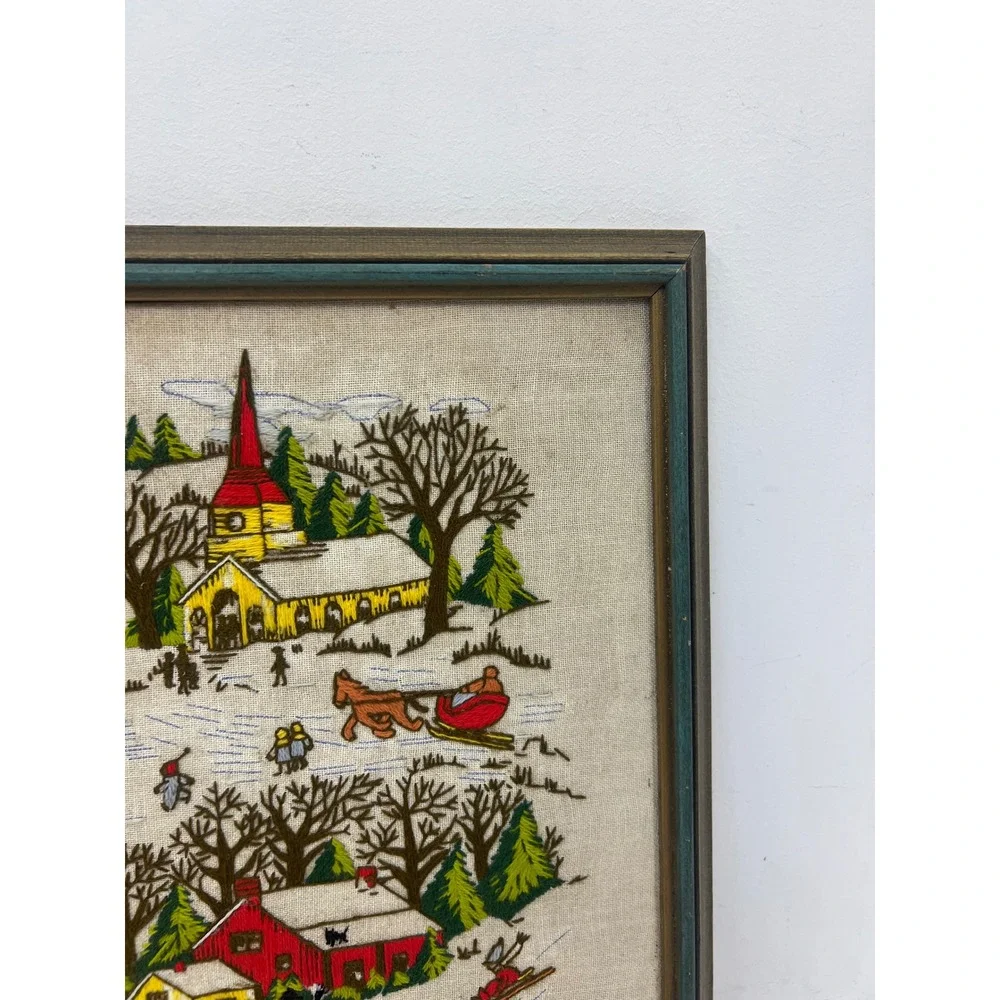 Vintage Framed Crewel Embroidery Winter Village Landscape Wood Frame Grannycore